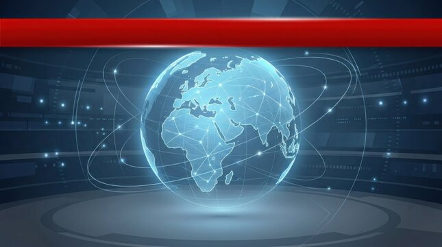 Digital Earth hologram with global data network in futuristic news studio background