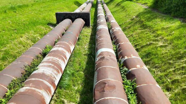 Aerial view of industrial pipes for gas, water, and oil running parallel across a green landscape, showcasing their weathered surfaces and surrounding vegetation in a natural setting