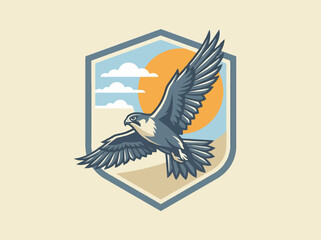 Fototapeta premium Vibrant illustration of a falcon in flight within a shield emblem at sunset