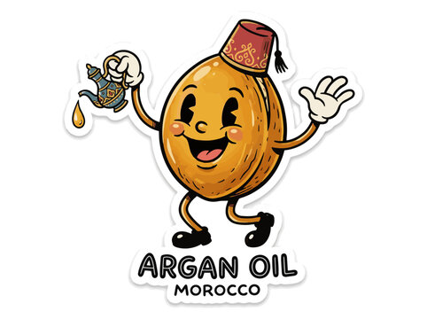 Cartoon argan nut character with a red fez hat and a teapot, symbolizing argan oil from Morocco