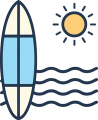 Tropical beach icons with surfboard and sun a silhouette. © Samia