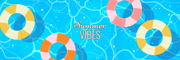 Summer Vibes Pool Banner with Inflatable Ring and Blue Water © HelenArt