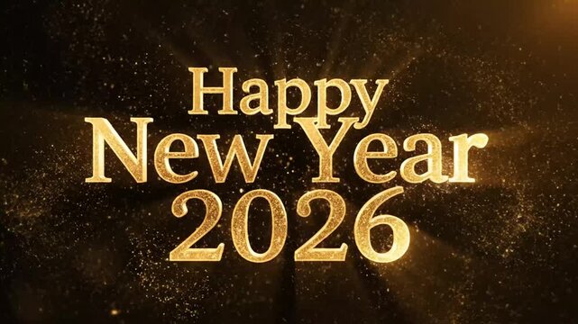 Happy New Year text written with golden sparkles on black.