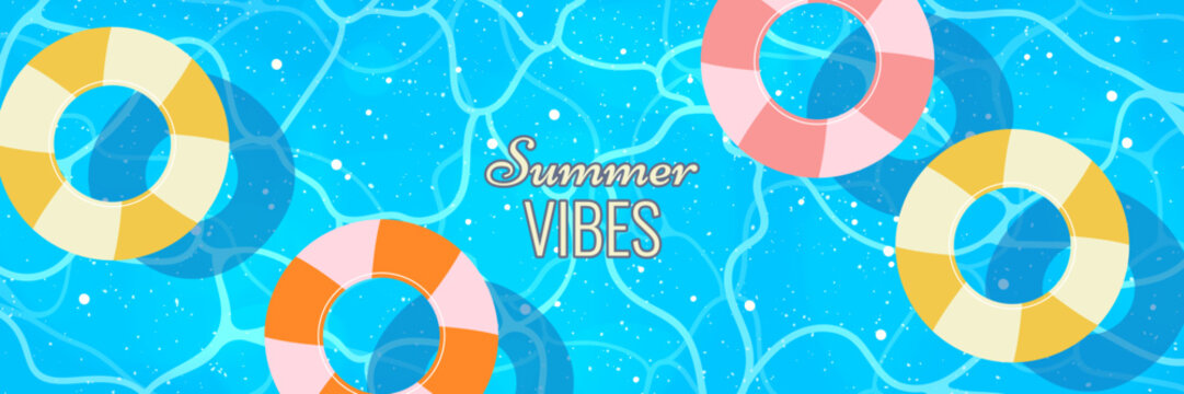 Summer Vibes Pool Banner with Inflatable Ring and Blue Water