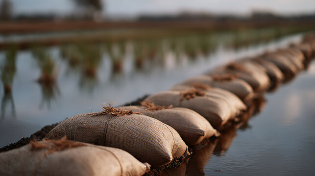 Row of burlap bags filled with earth, positioned along the edge of a flooded field, reflecting blurred vegetation and soft afternoon light