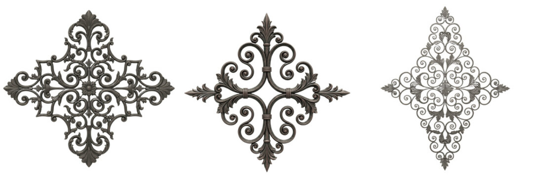 Set of three realistic ornamental vintage damask flourish elements isolated on transparent background, detailed 3D rendered decorative baroque and Victorian style motifs for luxury and classic design 