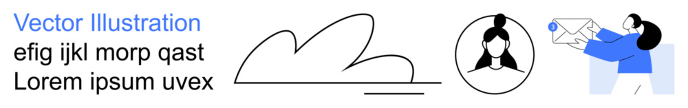 Digital communication, teamwork, user interface, cloud storage, profile setup, data sharing. Stylized cloud, avatar and person holding an envelope. Digital communication and teamwork concept