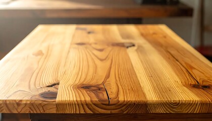Fototapeta premium Smooth Natural Wooden Tabletop Surface in Warm Indoor Setting