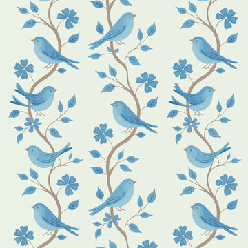 Decorative seamless vector pattern with blue birds on brown branches and blue leaves on a pale mint background for nature and organic textile design
