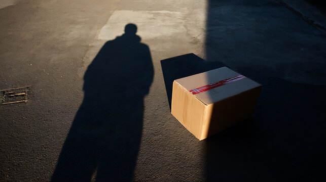 Delivery box on asphalt road with long shadow of person, symbolizing modern logistics, package arrival, and the connection between sender and recipient