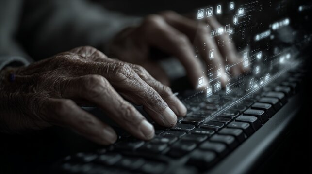 Old hands type on keyboard. Fingers show wrinkles and time. Digital numbers float above keys. Dark room, focused light. Tech and aging meet. Ideal for themes of experience and legacy
