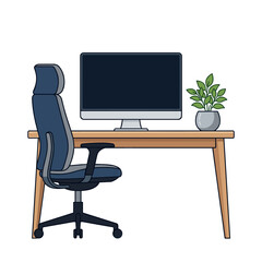 Fototapeta premium Desk with computer, ergonomic chair, and plant