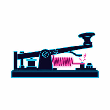 Vintage telegraph key vector illustration with neon blue outline and pink electrical sparks on a white background