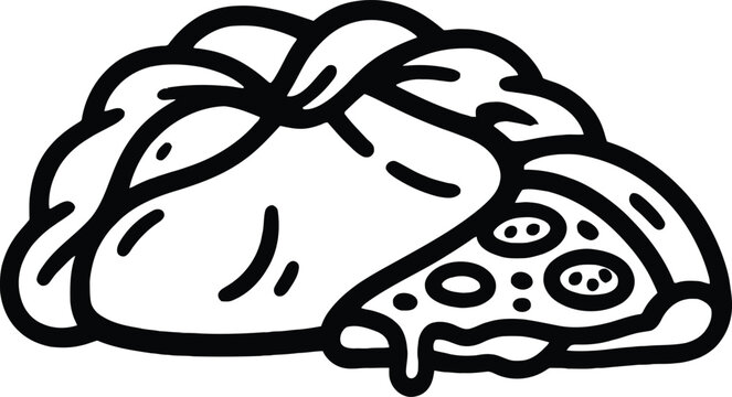 Pizza slice emerging from a folded calzone vector file outline