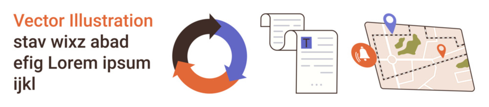 Data organization, project management, document tracking, workflow processes, business planning, mapping solutions. Circular diagram, document and map icons illustrated. Data organization