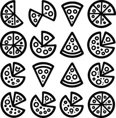 Fototapeta premium Pizza slice icon set vector line art collection with fast food