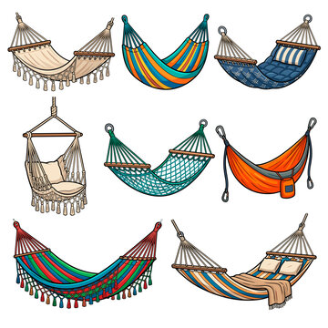 Collection of colorful and decorative hammocks for relaxation and outdoor leisure