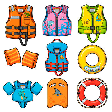 Collection of colorful safety vests armbands and inflatable rings for water activities