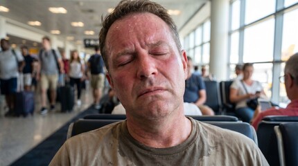 Obraz premium Close-up of an exhausted, heavily sweating man suffering from heatstroke and feeling unwell in an airport terminal during a severe summer heatwave.