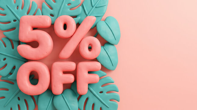Tropical summer 5 percent off sale discount price tag with clay monstera leaves on pink background. Promotional offer of rebate ecommerce marketing. Special sale promotion with copy-space.