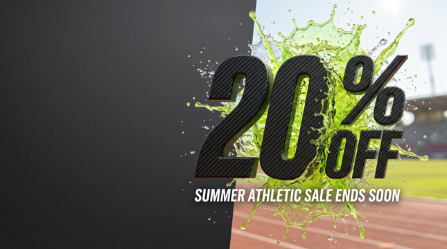 Summer athletic sale ends soon - 20 percent off discount price tag of carbon fiber with green water splash on track and copy-space. Promotional offer of rebate ecommerce marketing. Special promotion.