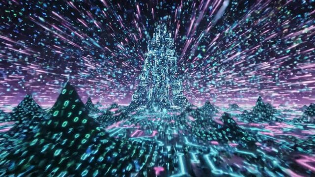 Digital Landscape with Binary Code Mountains and Futuristic Cityscape