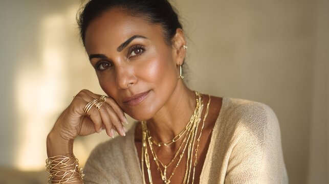 Hispanic woman wearing light beige top poses with jewelry and thoughtful expression indoors