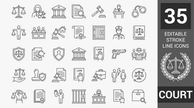 Court icon set. Editable line icons. Vector illustration.