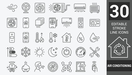 Air Conditioning icon set. Containing fan, wind, blow, air conditioner, cooling appliance, cooling fan, air cleaner, climate control, heating, and more. Editable line icons. Vector © Zilkasun