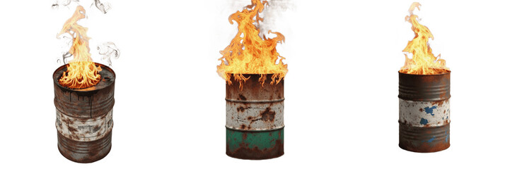 Burning metal barrel set with realistic fire flames in rusty oil drums isolated on transparent background, industrial garbage trash can bonfire clipart png cutout for post apocalyptic survival design  © Ganesha