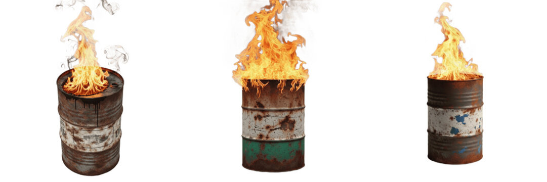 Burning metal barrel set with realistic fire flames in rusty oil drums isolated on transparent background, industrial garbage trash can bonfire clipart png cutout for post apocalyptic survival design 