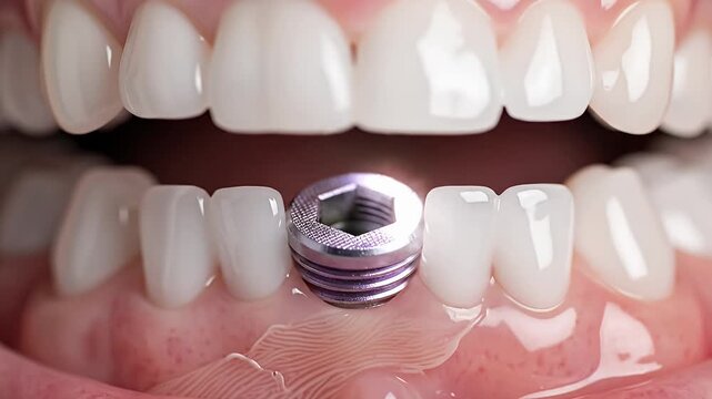 Close up of teeth with dental implant in mouth