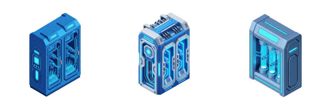 Sci-fi server rack set with futuristic blue computer capsule blocks isolated on transparent background, isometric cyber security data center terminal clipart png cutout for tech game asset design stoc