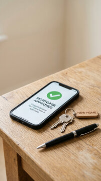 Smartphone displaying mortgage approval notification on wooden table  
