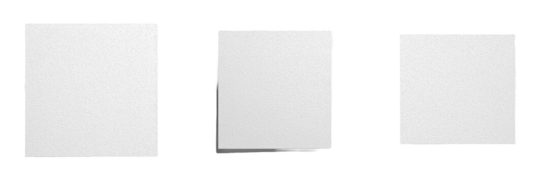 White square paper set with blank memo notes and realistic adhesive post stickers isolated on transparent background, clean stationery sheet mockup clipart png cutout for reminder office message stock