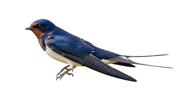Blue and white bird flying with tail feathers spread