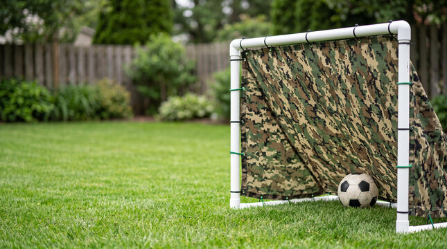 Camouflage soccer goal with ball in backyard grass. After the war concept showing peace and transition to civilian life. Playful childhood activity in post conflict environment.