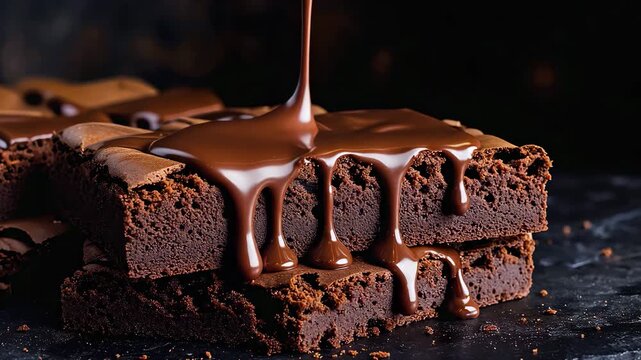Chocolate Brownie Melt Dripping Sauce Dessert Sweet Food Closeup Indulgent Cinematic Video