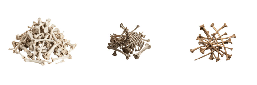 Animal bone pile set with realistic scattered skeleton remains and crossbones isolated on transparent background, halloween horror spooky ossuary cemetery element png cutout clipart for gothic design 