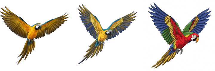 Flying macaw parrot set with vibrant colorful tropical birds in flight isolated on transparent background, scarlet and blue gold ara exotic wildlife animal clipart png cutout for jungle design element © Ganesha