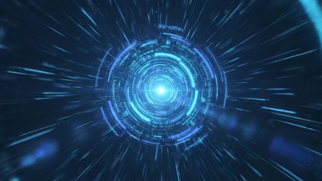 High tech digital blue circular HUD interface abstract background.