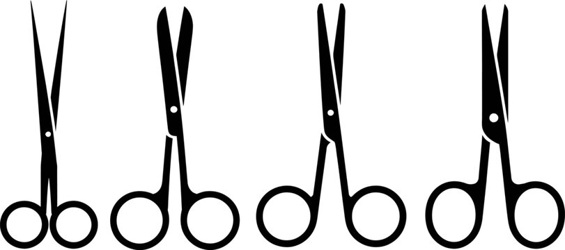 Vector set of medical scissors for surgery and clinical use black silhouette icons featuring varied surgical shears for hospitals and professional healthcare doctors.