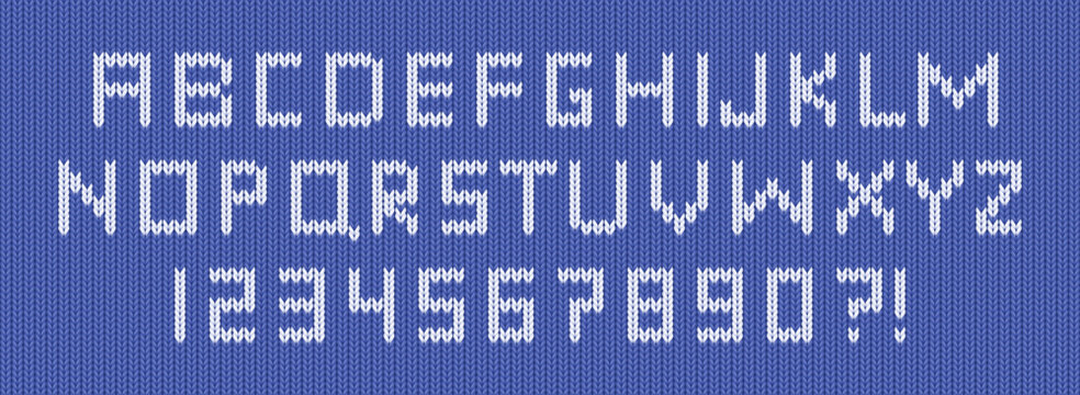 Christmas sweater font, alphabet and numbers with knitting pattern. Blue wool jumper texture with white type. Woolen knitwear background with font for warm winter ugly sweater, vector illustration