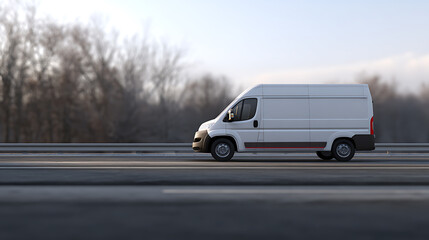 Fototapeta premium White delivery van with a large cargo area travels at speed on a multi-lane highway, transport service for goods and parcels