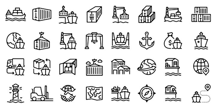 Shipping Logistics Line Icon Set with Cargo Ship, Port Crane, Container and Delivery, Editable Vector Illustration on Transparent Background