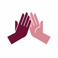 Fototapeta premium Two hands in a high-five gesture, one dark maroon and one light pink, depicted in a flat vector illustration on a clean white background.