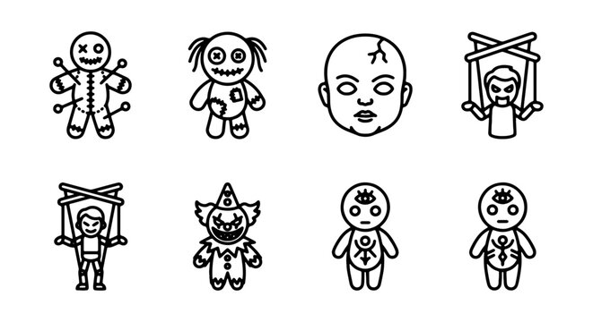 Set of creepy dolls and puppets icons, including voodoo doll, marionette, scary clown, and occult figures