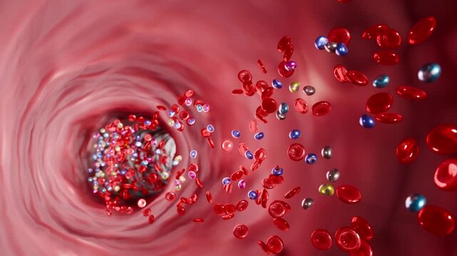 Nutritional supplement effect on circulation, vitamins and minerals enhancing blood composition and energy, 3D Rendering
