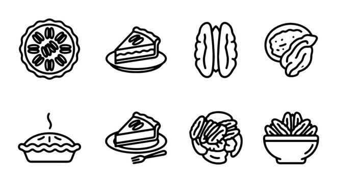 Set of pecan pie and nut icons, including whole pie, slice, bowl of nuts, and individual pecans