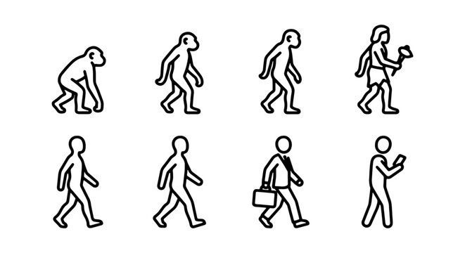 Human evolution icon set, from primitive ape to modern man with smartphone, vector illustration